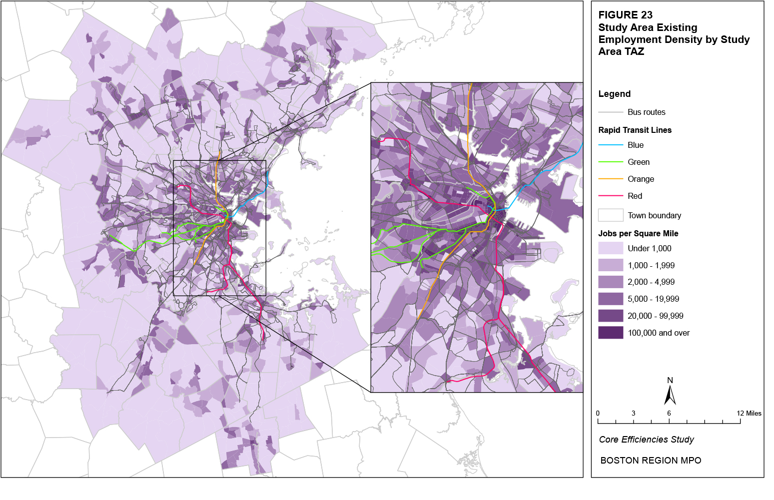 This map shows the employment density (jobs per square mile) by TAZ.
